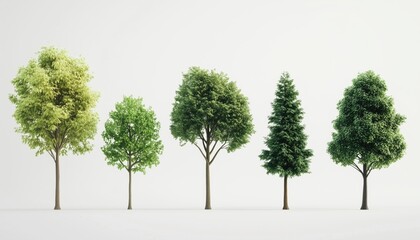 Obraz premium Four Types Of Trees Displayed In A Line, Ranging From Tallest To Shortest. All Trees Display Vibrant Green Color With Lush Foliage.