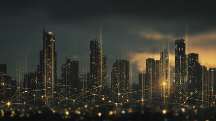 Obraz premium Twilight in the Smart digital Innovation city with connection network reciprocity over the cityscape. of future smart wireless digital city and social media networking systems that connects people