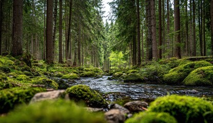 Obraz premium Serene forest scene of a gentle stream flowing through mossy rocks under tall trees, creating a natural and peaceful atmosphere