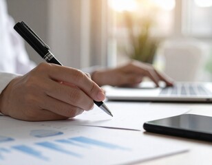 Close-up of hands working on documents and laptop