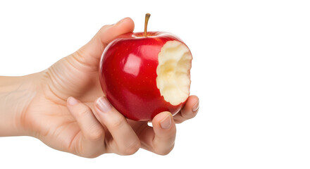 Hand holding red bitten apple fruit isolated on transparent background