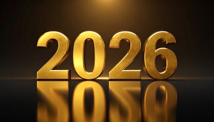 Ultra-realistic 8K UHD stock image showing a digital display of the year 2026 in golden numerals on a reflective surface for future concepts