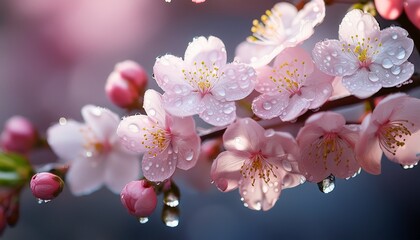 Cherry Blossoms With Dew Drops Delicate Springtime Beauty And Renewal
