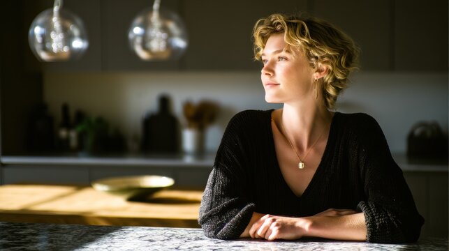 Blonde Woman With Wavy Hair Sitting in Modern Kitchen