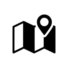 Black and white icon of a folded map with a location pin. icon of map with a location pin