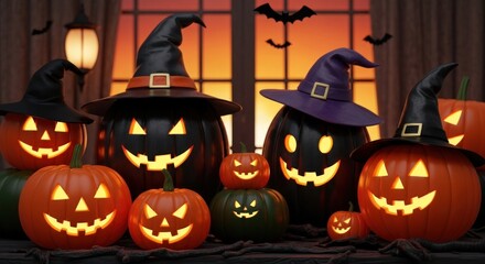 Fototapeta premium Spooky jack o lanterns with witch hats glow for a halloween celebration