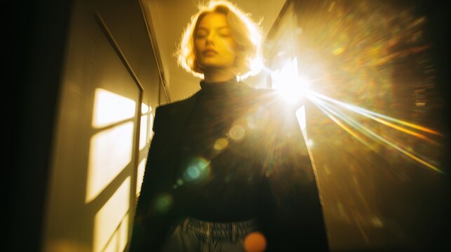 Mysterious Woman Walking Through Bright Interior With Dramatic Shadows