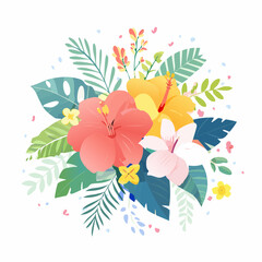 Tropical Pink Yellow and White Hibiscus Flowers With Green Leaves