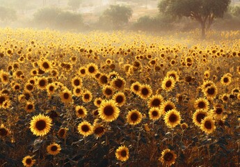 Vast sunflower field glows golden in hazy sunlight. Green trees are visible in the background, enhancing the warm summer scene