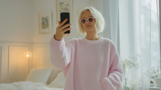 Woman Holding Smartphone Near Face in Dreamy Vintage Interior