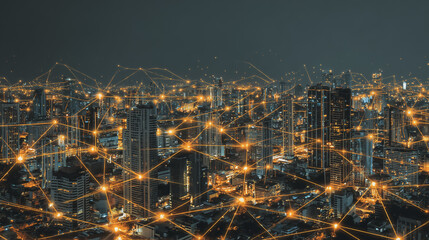  Twilight in the Smart digital Innovation city with connection network reciprocity over the cityscape. of future smart wireless digital city and social media networking systems that connects people
