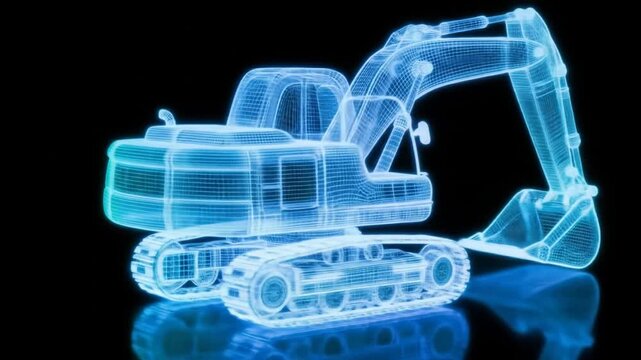 Futuristic Excavator Hologram  Construction Technology Concept on Black Background.