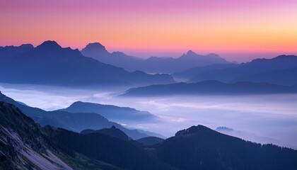 Fototapeta premium Breathtaking Mountain Landscape At Dawn Featuring Layered Peaks Shrouded In Mist With Soft Purple And Pink Sky Illuminating Scene Tranquility Of Nature Evokes Sense Of Peace And Wonder