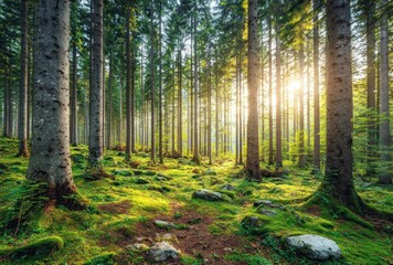 Fototapeta premium Sunlight streams through a lush forest of tall evergreens, illuminating a mossy ground covered with rocks and dappled light