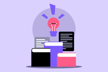 Books stacked together with light bulb above, symbolizing creativity and knowledge. Learning and importance of education in personal growth concept