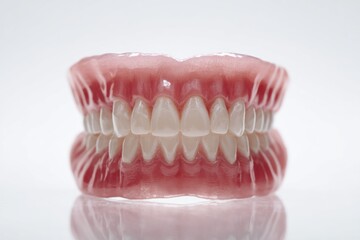 Obraz premium Dentures in close-up show white teeth and pink gums. Shot on white background providing bright, even lighting. Full arch, set on reflective surface