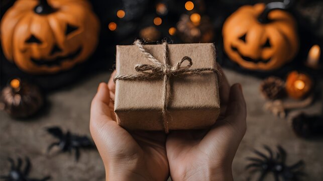 Halloween gift box in woman hands on a bokeh background. Halloween holiday concept. Close-up of female hands holding craft gift box with scary carved Halloween pumpkin face on dark background.