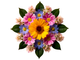 Mandala Flower Arrangement with Various Colorful Blossoms Isolate on Transparent Background, cutout, png