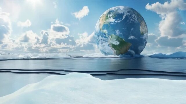 Planet Earth against a backdrop of melting ice, symbolizing the problem of global warming and climate change. Useful for environmental articles, presentations on climate change, and educational materi