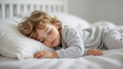 Fototapeta premium Toddler sleeping with hand open on white bed, curly blonde hair, serene expression, soft natural lighting. Concept of toddler sleeping with hand open emphasizing peaceful posture.