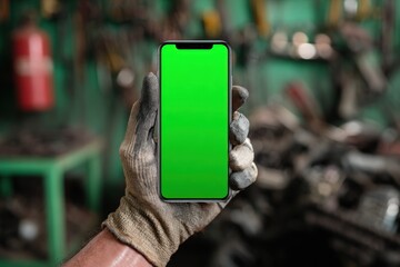 Smartphone with green screen held by gloved hand in a workshop