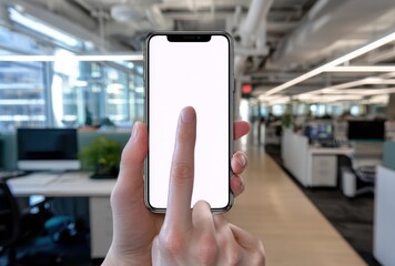 Hand holds a blank smartphone against a blurred office backdrop, suggesting connection and technology in a modern workspace