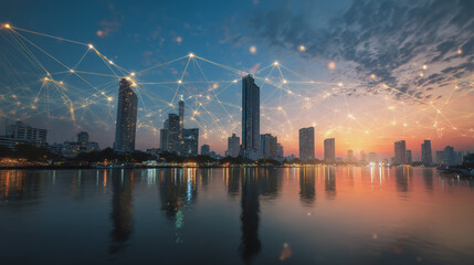 Obraz premium Twilight in the Smart digital Innovation city with connection network reciprocity over the cityscape. of future smart wireless digital city and social media networking systems that connects people