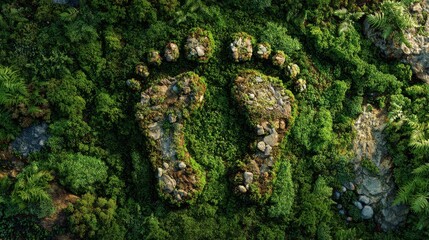 Giant footprint formed by mossy rocks and lush green foliage symbolizing nature's immense impact