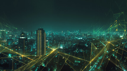 Twilight in the Smart digital Innovation city with connection network reciprocity over the cityscape. of future smart wireless digital city and social media networking systems that connects people