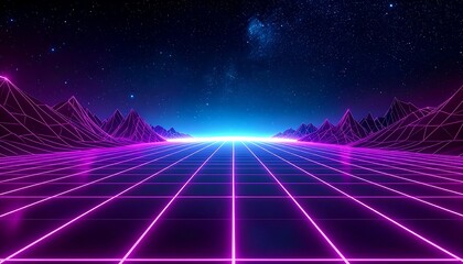 A neon grid landscape with mountains under a starry sky, a futuristic digital rendering