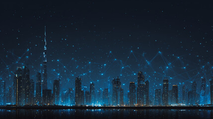 Twilight in the Smart digital Innovation city with connection network reciprocity over the cityscape. of future smart wireless digital city and social media networking systems that connects people