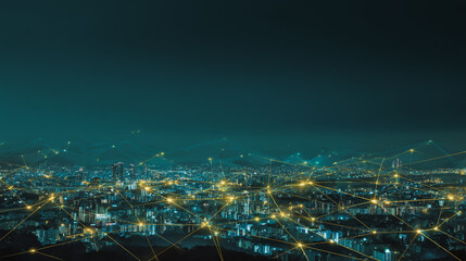 Twilight in the Smart digital Innovation city with connection network reciprocity over the cityscape. of future smart wireless digital city and social media networking systems that connects people