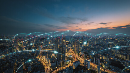 Twilight in the Smart digital Innovation city with connection network reciprocity over the cityscape. of future smart wireless digital city and social media networking systems that connects people