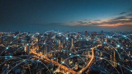 Twilight in the Smart digital Innovation city with connection network reciprocity over the cityscape. of future smart wireless digital city and social media networking systems that connects people