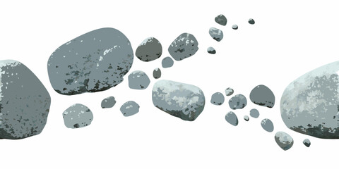 Smooth grey river stones scattered on a white background in a flowing pattern
