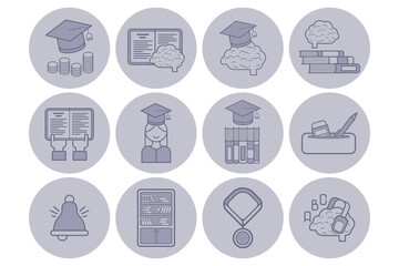 Collection of various icons related to education. Graduation caps, books, study materials, and tools highlighting student-life activities in academic setting
