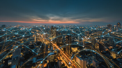 Twilight in the Smart digital Innovation city with connection network reciprocity over the cityscape. of future smart wireless digital city and social media networking systems that connects people
