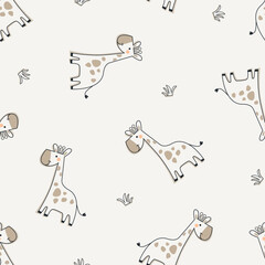 Seamless pattern with cute cartoon giraffes, minimalist safari animal vector illustration for kids textile, baby wallpaper, nursery decor, surface design, playful and modern artwork