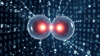 Abstract Visualization of Quantum Entanglement - Interlocked Orbs with Binary Background