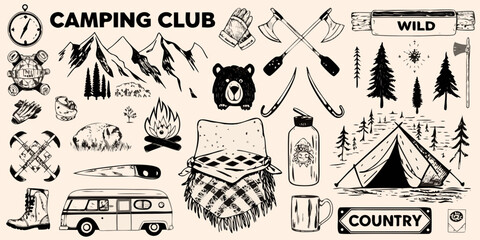 Camping club collection of hand drawn outdoor adventure and wilderness icons