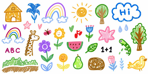 Collection of cute hand drawn elements for childrens designs including animals plants rainbows and weather