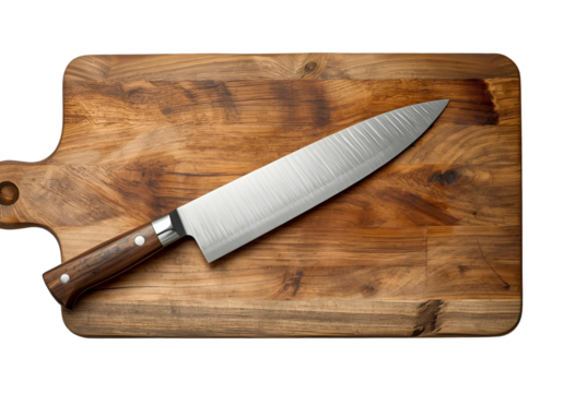 Rustic knife and cutting board isolated for kitchen, cooking, food, preparation, and style
