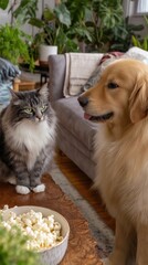 Golden retriever dog looking at gray tabby cat with bowl of popcorn on table