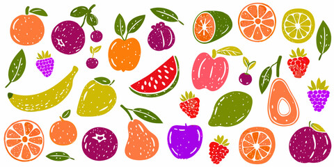 Vibrant hand drawn assortment of fresh fruits and berries scattered on white background