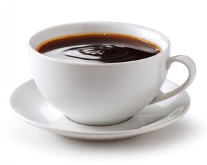 Fototapeta premium A full, white cup of dark liquid rests on a matching saucer. The dark liquid has ripples on the surface, all set against a plain white background