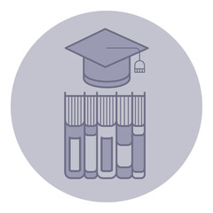 Collection of educational icons featuring graduation cap above stack of books. Learning and academic achievement concept