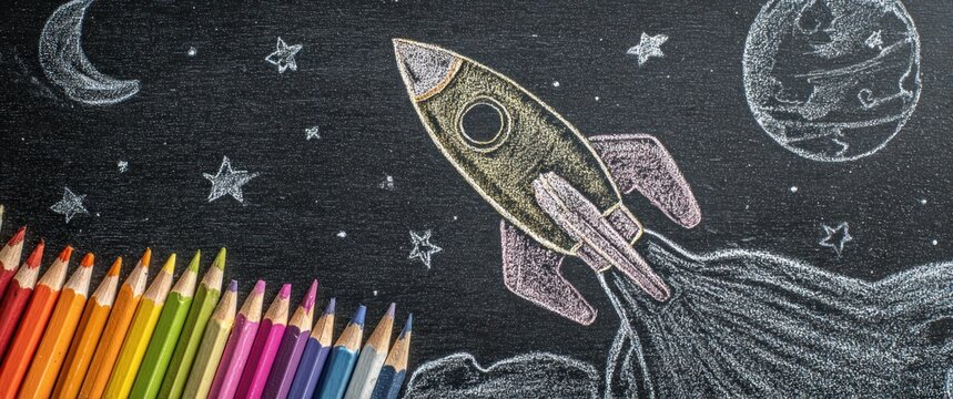 Colorful pencils, crayon drawings of a rocket, moon, planet and stars on a chalkboard. Space exploration, creativity, and imagination theme