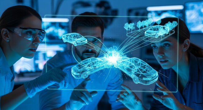 Diverse Engineer and scientist analyzing holographic data of autonomous vehicle and urban traffic. Modern research and development on self-driving car technology and future transportation.