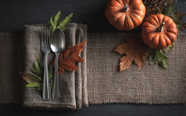 Autumnal table setting. Pumpkins, fallen leaves and burlap fabric are arranged on a dark surface with silverware and greenery