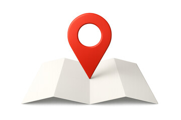 Red location pin pointing on folded map with transparent background